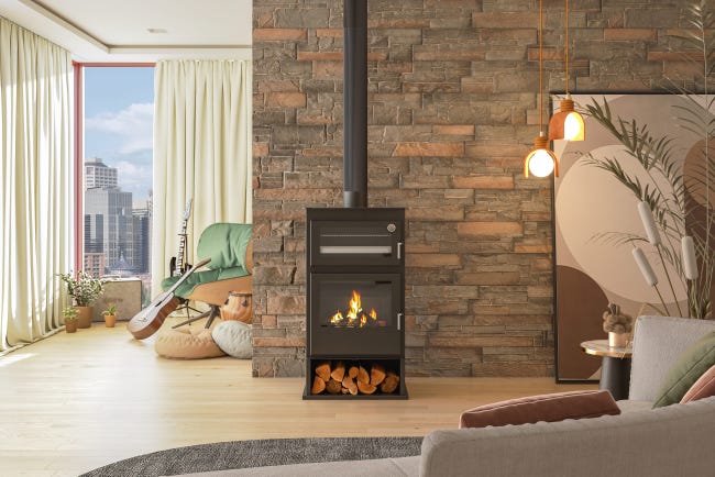 Estufa de Leña con Horno Modelo Mulhacén Leñero 11,6 kW Gris